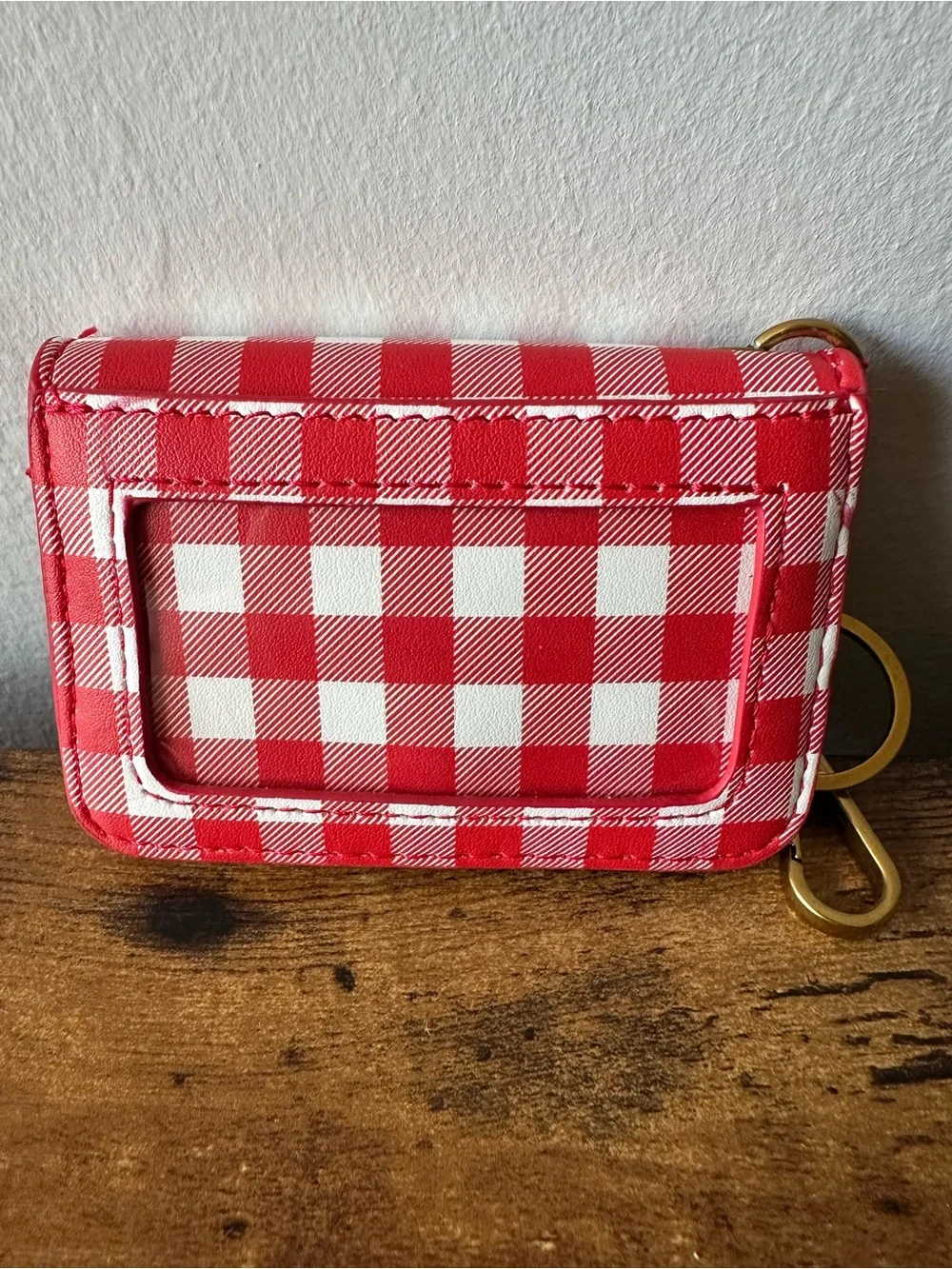 Steve Madden Red & White Gingham Plaid Card Wallet Bag Charm Keychain NWOT
